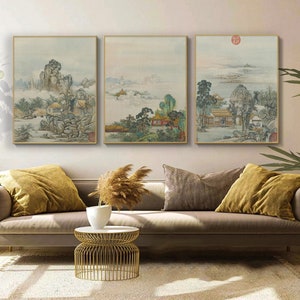 Pavilion and Landscape art, Meticulous Shan shui painting, giclee canvas art print, Chinese wall art décor, stick and peel wall decal