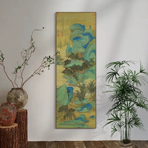 Chinese ancient painting silk print replica, Blue-Green Shan shui painting, large vertical narrow East Asian wall art décor, 禹之鼎擬趙千里山水