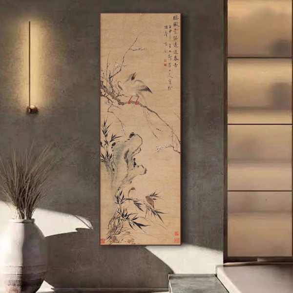 Plum, Bamboo, and Spring Melodies,, by Hua Yan/Qing dynasty, East Asian minimal style bird and flower painting, vantage-retro silk print