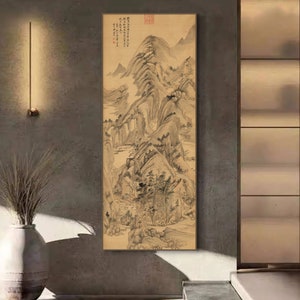 Vintage-retro Chinese mountains landscape painting, archival print, handmade silk hanging scroll wall hanging, ancient Shan shui painting
