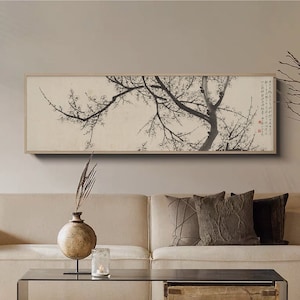 Plum blossoms in full bloom, Chinese antique plum brush painting, horizontal narrow minimal plum art wall décor, giclee silk print replica