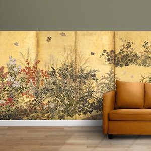 Autumn season flowers, East Asian botanic screen painting wall décor, large Japanese garden wall mural,  removable peel and stick wallpaper