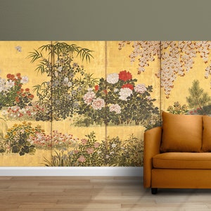 Spring season flowers, East Asian botanic screen painting wall décor, removable peel and stick wallpaper, large Japanese garden wall mural