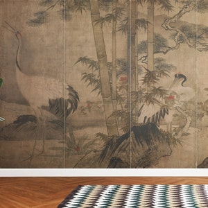 East Asian botanic painting wallpaper, large scale bird and flower art wall mural, removable peel and stick wallpaper, Japanese cranes art