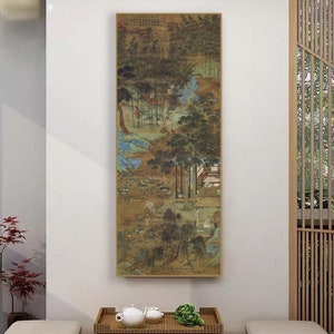 Planting bamboo in Chinese garden, Qiu Ying, Ming dynasty ancient Chinese painting, HD silk print, handmade silk hanging scroll, vertical