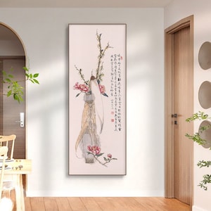 Guanyin vase, Plum and camellia, Chinese brush painting, unframed giclee art print, handcrafted silk hanging scroll, canvas wall hanging