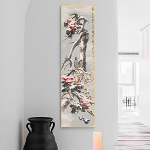 Snowy Red Camellia blossoms, Bird and flower painting, fine art print, vertical narrow Chinese botanic brush painting, unframed art replica