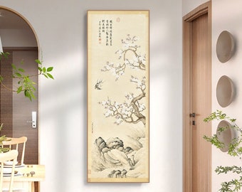 Apricot Blossoms with Twin Swallows, vertical narrow Hanging Scroll wall art, bird and flower painting, giclee art print  鄒一桂 杏花雙燕