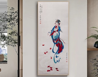 Bodhisattva portrait art, Zhang Daqian, masterpiece replica, meticulous bodhisattva brush painting, vertical narrow silk hanging scroll