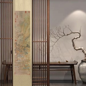 Scenery of Mount Tiantai, by Ding Yunpeng, soft color mountain landscape painting, silk printed replica, vertical narrow silk hanging scroll