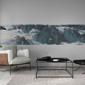 Rocky Mountains bird eye view, clouds surrounded thousand peaks, long narrow horizontal mountain landscape painting wall décor, wall decal