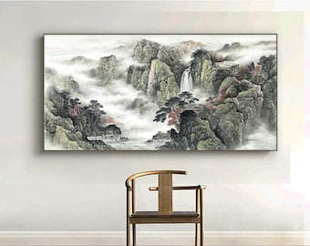 Chinese traditional landscape painting, fine art micro-jet replica print, Foggy mountain brush painting, Large horizontal Shan shui wall art