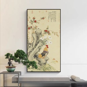 Chinese propitious painting giclee print, Chinese rooster meticulous painting replica, fire element Chinese Zodiac painting, Feng shui art