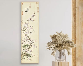 Apricot Blossoms with Twin Swallows, vertical narrow Hanging Scroll wall art, bird and flower painting, giclee art print  鄒一桂 杏花雙燕