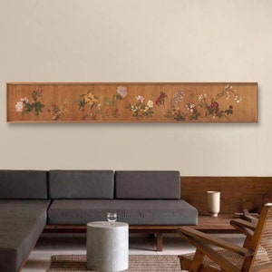 East Asian botanic wall art, extra wide narrow flowers meticulous painting, unframed archival print, long horizontal silk scroll hanging