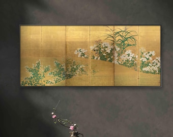 Japanese botanic garden painting screen art print, removable peel and stick wallpaper, wall mural, Autumn Grass and Plant, Omoteya Soyuki