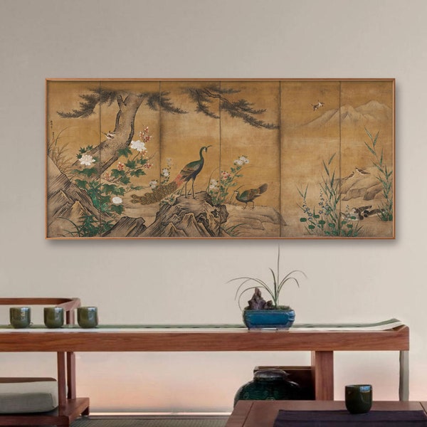 Peafowls in Asian garden, Quaint Japanese botanic painting screen art, peel and stick wallpaper, large scale bird and flower art wall mural
