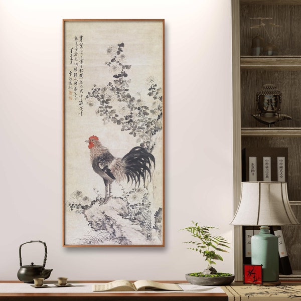 Chinese ink wash rooster painting, freehand rooster brush art, propitious painting giclee print, Feng shui fire element Zodiac painting