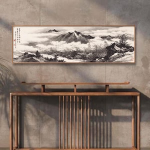 White clouds with a tranquil mind, ink wash painting, Shuimo mountain art, minimal black and white misty mountain brush painting, art print