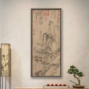 Viewing Waterfalls in a Mountainous Landscape, Chinese ancient literati painting, ink brush painting, Shan shui art silk hanging scroll