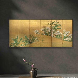 Japanese botanic garden painting screen art print, removable peel and stick wallpaper, wall mural, Autumn Grass and Plant, Omoteya Soyuki