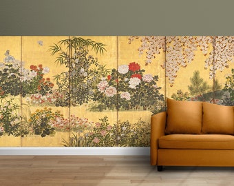 Spring season flowers, East Asian botanic screen painting wall décor, removable peel and stick wallpaper, large Japanese garden wall mural