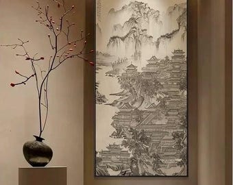 Paysage de palais chinois antique | Impression d'art Gongbi Shan Shui | Architecture orientale tranquille | Parchemin mural de qualité muséale | Reproduction d'encre royale