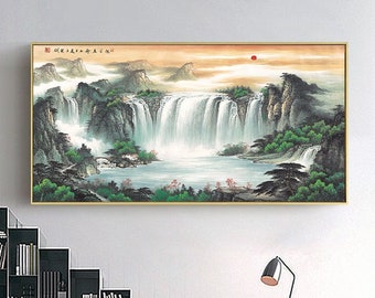 Chinese auspicious painting wall décor, lucky painting for living room, large horizontal Feng shui landscape art, wide mountain waterfalls