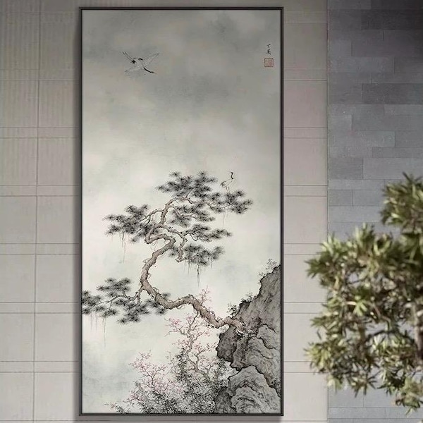 Misty Pines and Plum Blossoms Giclée Art Print - Song Dynasty Style Chinese Landscape, Vertical Zen Canvas Wall Art, Unframed Collector Edit