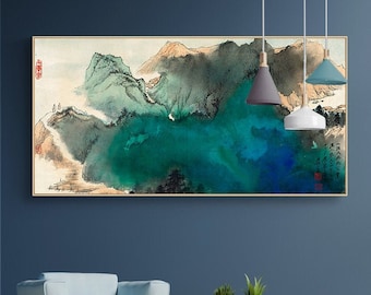 Extra large horizontal abstract ink wash art, Zhang Daqian, blue-green modern impressionist brush painting wall art above couch, DQSH