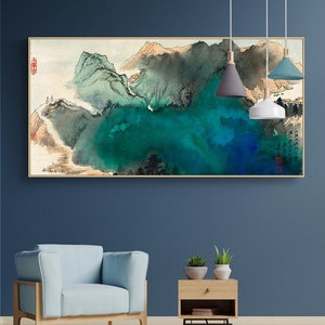 Extra large horizontal abstract ink wash art, Zhang Daqian, blue-green modern impressionist brush painting wall art above couch, DQSH