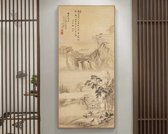 Plum Stream and hermit, Chinese antique landscape painting, vertical fine art print, minimal ink wash Shan shui decor painting, 清 王翚 梅溪高隐图