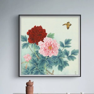 Scent of flowers attracts dancing butterfly, peony flowers blossoms, giclee art print, floral wall art décor