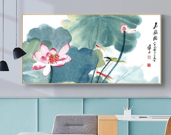 Abstract ink wash lotus art replica, extra large horizontal lotus painting wall décor, Zhang Daqian, Oriental abstract blue-green 嘉藕圖 DQBT