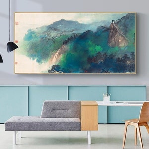 Abstract ink wash painting/Zhang Daqian, 谷口人家, large horizontal pocai Shan Shui painting, splashed-color landscape masterpiece replica, DQSH