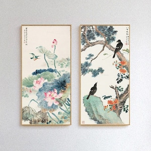 Pine tree, Chinese trumpet, and Crested mynas, pink lotus and kingfisher, set of 2, vertical watercolor botanic fine art prints, unframed