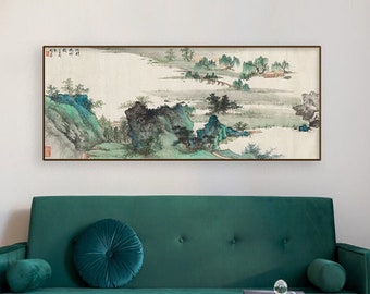 Chinese brush painting print, horizontal landscape art, unframed Chinese landscape fine art print, hanging scroll, Xie Zhiliu 江明花竹圖 31x75 cm