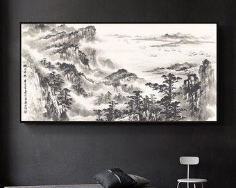 Freehand ink brush painting art print, ink mountain painting, contemporary art, Large horizontal Chinese Landscape Painting, Black and White