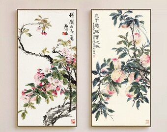 Peach blossoms and peach fruits, spring and autumn, set of 2, vertical watercolor botanic painting wall art, unframed high quality prints