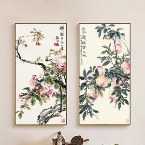 Peach blossoms and peach fruits, spring and autumn, set of 2, vertical watercolor botanic painting wall art, unframed high quality prints