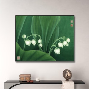 Bell orchid flower meticulous painting, Gongbi painting, Song painting, refresh green tones horizontal botanical wall art, unframed HD print