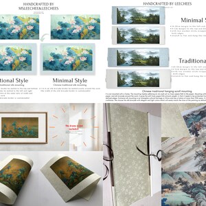 May include: Two different styles of mounting for Chinese traditional hanging scrolls. The first style is called "Minimal" and the second is called "Traditional". Both styles feature a silk brocade border and are mounted on rice paper. The "Traditional" style has a wider border and the "Minimal" style has a narrower border. The image also shows a close-up of a scroll being mounted.