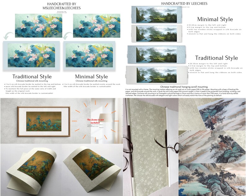 May include: Two different styles of mounting for Chinese traditional hanging scrolls. The first style is called "Minimal" and the second is called "Traditional". Both styles feature a silk brocade border and are mounted on rice paper. The "Traditional" style has a wider border and the "Minimal" style has a narrower border. The image also shows a close-up of a scroll being mounted.