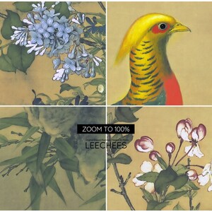Op de afbeelding: Een vintage Chinese kunstprint met vier verschillende bloem- en diermotieven. De linkerbovenhoek toont een cluster van lichtblauwe bloemen met groene bladeren. De rechterbovenhoek toont een gouden fazant met een rode borst. De linkerbenedenhoek toont een cluster van groene bamboebladeren. De rechterbenedenhoek toont een cluster van witte bloemen met roze centra.