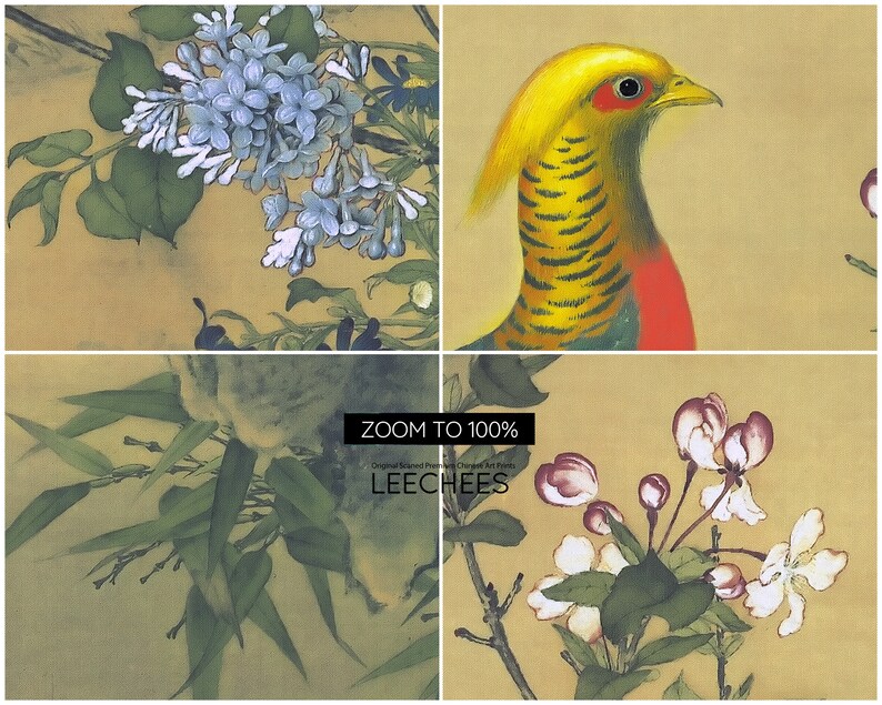 Op de afbeelding: Een vintage Chinese kunstprint met vier verschillende bloem- en diermotieven. De linkerbovenhoek toont een cluster van lichtblauwe bloemen met groene bladeren. De rechterbovenhoek toont een gouden fazant met een rode borst. De linkerbenedenhoek toont een cluster van groene bamboebladeren. De rechterbenedenhoek toont een cluster van witte bloemen met roze centra.