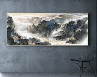 Abstract Ink Splashed Grand Canyon Landscape Painting, blue color splashed painting, Extra large horizontal Shan shui painting, ink wash art