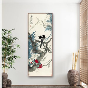 Chinese garden brush painting replica, bird and flower Gongbi painting art print, handcrafted Chinese traditional hanging scroll, 喜上眉梢 FA