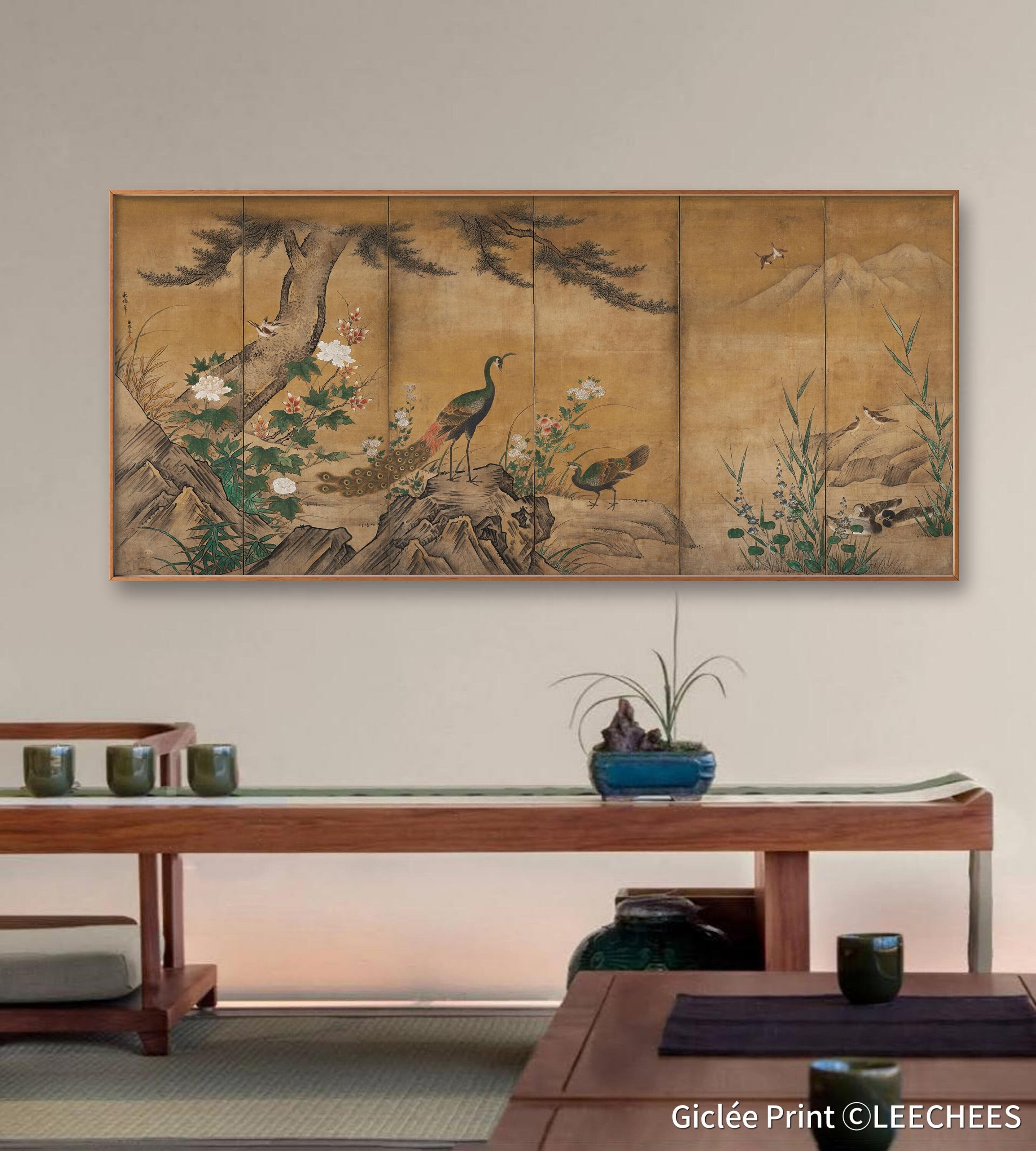 アジア庭園のクジャク、趣のある日本の植物画の屏風アート、剥がして