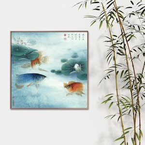 Feng Shui Golden Arowana Fish painting, meticulous koi HD print, Fengshui painting, large square Chinese painting print, refined brushwork