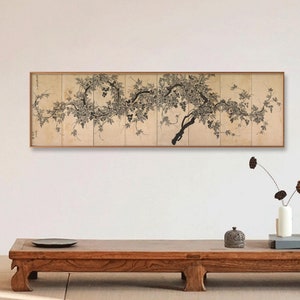 Ink grapes vine, North Korea painting, Folding Screen art replica, horizontal antique brush painting, minimal botanic art giclee print